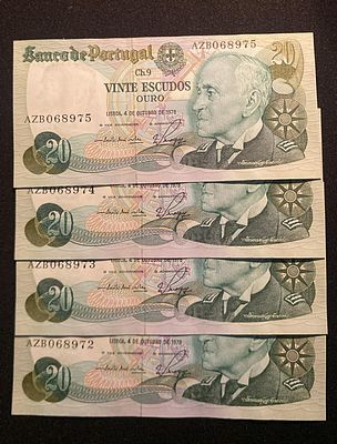 4x Portugal 20 escudos 1978 P-176 UNC. 4 notas novas e seguidas.