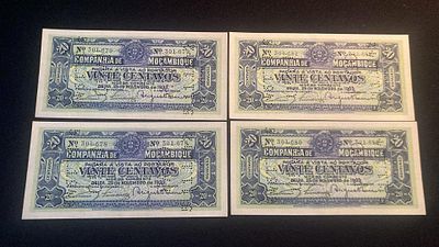 4x Mozambique 20 centavos 1933 P-R29 UNC. 4 notas novas e consecutivas.
