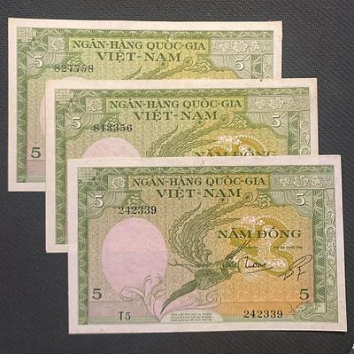 3x South Vietnam 5 Dong 1955 P-2 XF/AU. lote 3 notas belas.