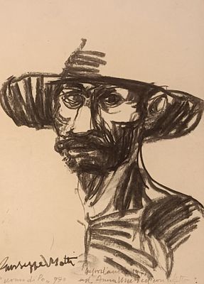 MOTTI GIUSEPPE Arena Po (Pv) 1908 Uomo di Po 1970 Carboncino su carta... - MOTTI GIUSEPPE Arena Po 
