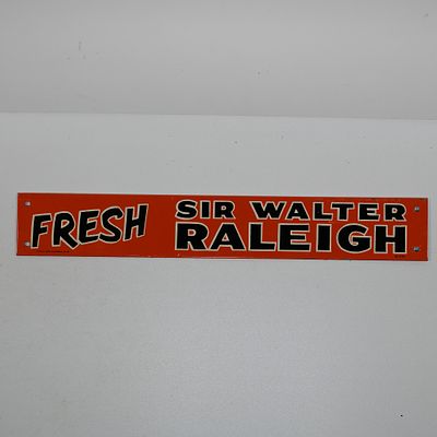 Fresh Sir Walter Raleigh Tobacco Shelf Strip Sign. Tin Tacker. Marked lower left Litho by J V 