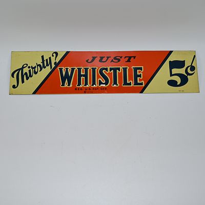 Whistle Soda Tin Sign 1939 Advertising. Whistle is embossed. Copyright 1939. Marked WR 306 