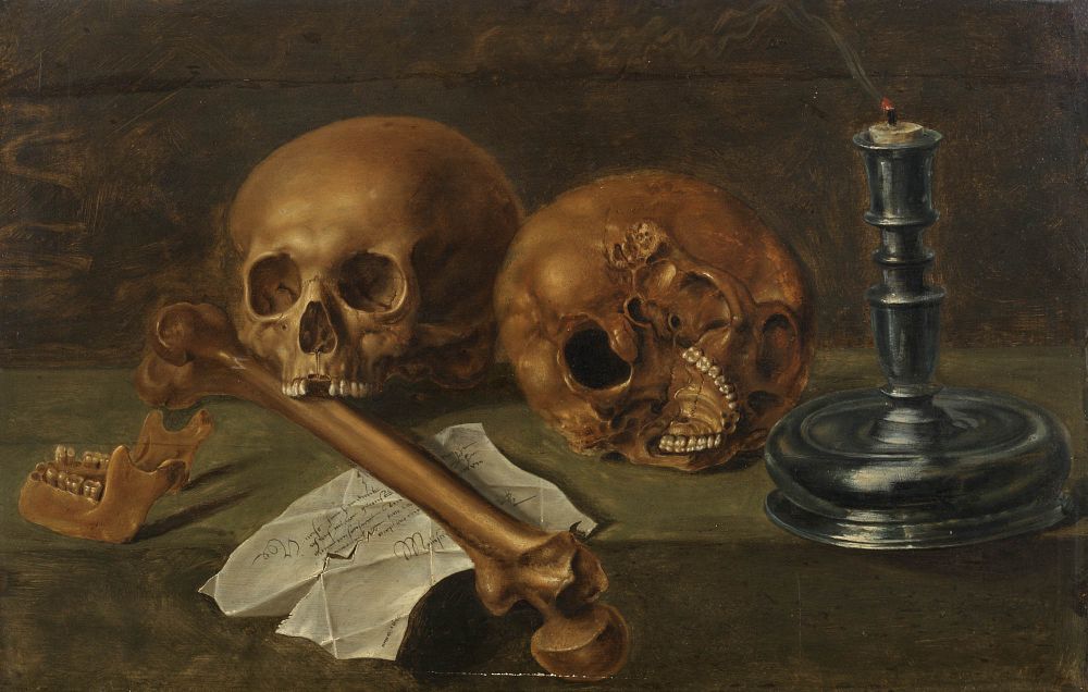 Jacques De Claeuw 1623–1694, attributed 
Vanitas with skulls, 1640 
Oil on wood 
dated 1640 on 
