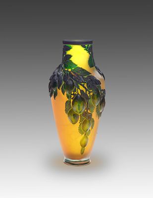 &Eacute;mile Gall&eacute; 1846–1904. "Souffl&eacute;" vase with plums, circa 1920. Brown etched glass. Conical shape 