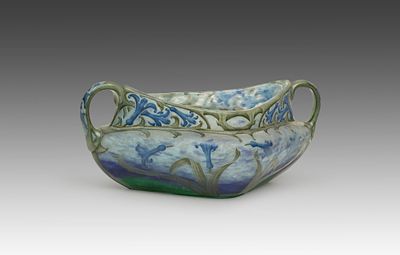 Daum Fr&egrave;res, Nancy. Hyacinth Jardini&egrave;re. Light blue glass, green and blue overlaid, etched and 
