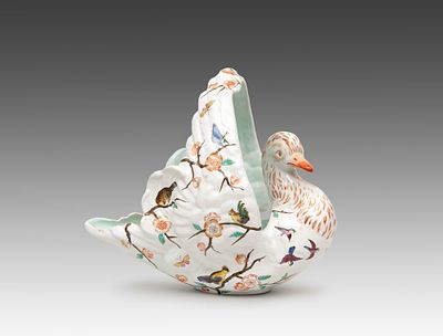 &Eacute;mile Gall&eacute; 1846–1904. Swan-shaped basket. Ceramic, finely painted with blooming branches and 