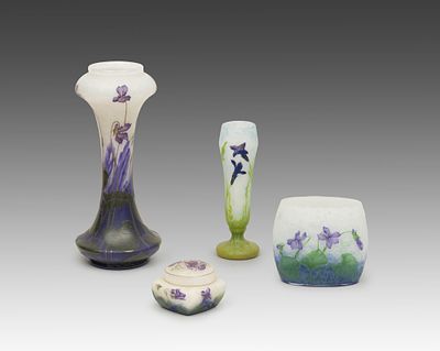 Daum Fr&egrave;res, Nancy. Vase with violets, circa 1910. Cased glass, colorless, milky white and blue 