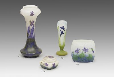 Daum Fr&egrave;res, Nancy. Lidded box with violets. Cased glass, colorless, milky white and blue 