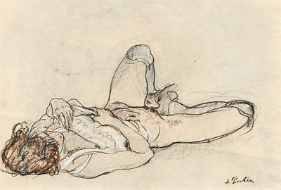 Anton Peschka 1885–1940 Reclining female nude with shirt pushed up Charcoal and colored chalk 