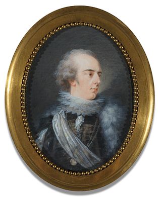 Heinrich Friedrich F&uuml;ger 1751–1818 Oval miniature portrait of a Count Harrach, in theatrical 