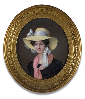 France Oval miniature portrait of a young woman with a large yellow Florentine hat, c. 1825 