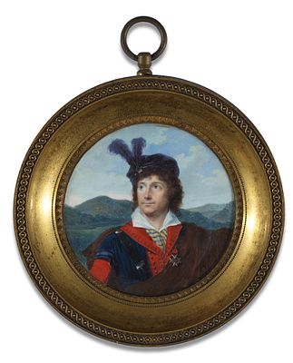Jean-Baptiste Isabey 1767–1855 Round miniature portrait of a young man with a feathered cap 