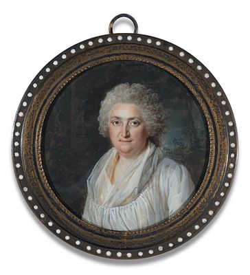 Li&eacute;-Louis Perin-Salbreux 1753–1817 Round miniature portrait of a woman in a white silk dress 