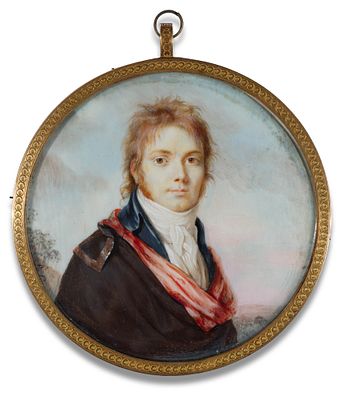 Etienne Charles Le Guay 1762–1846 Round miniature portrait of a young man with a brown cloak 