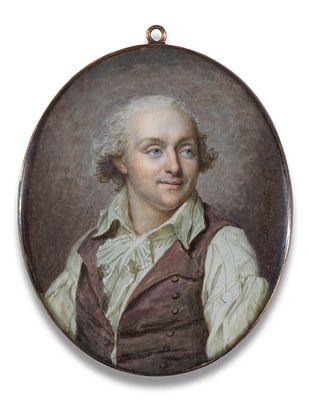 Fran&ccedil;ois Dumont 1751–1831 Oval miniature portrait of a man in an aubergine-coloured waistcoat 