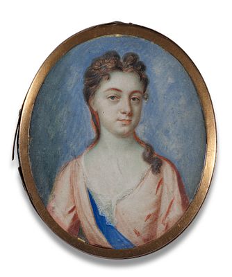 Benjamin Arlaud c. 1670 - after 1731 Oval miniature portrait of a young woman in a blue-lined 