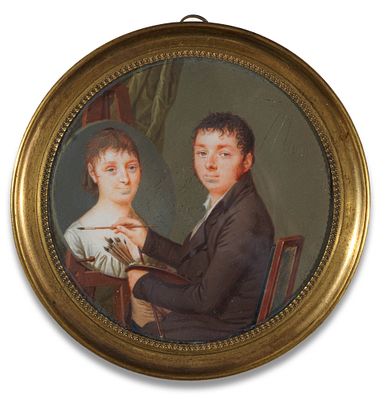 Philippe Honor&eacute; Joseph Arresse 1758–1817 Round miniature portrait of a young man sitting at an 
