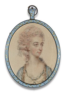 John Smart 1741–1811 Oval miniature portrait of a young woman with a fur-trimmed light blue 