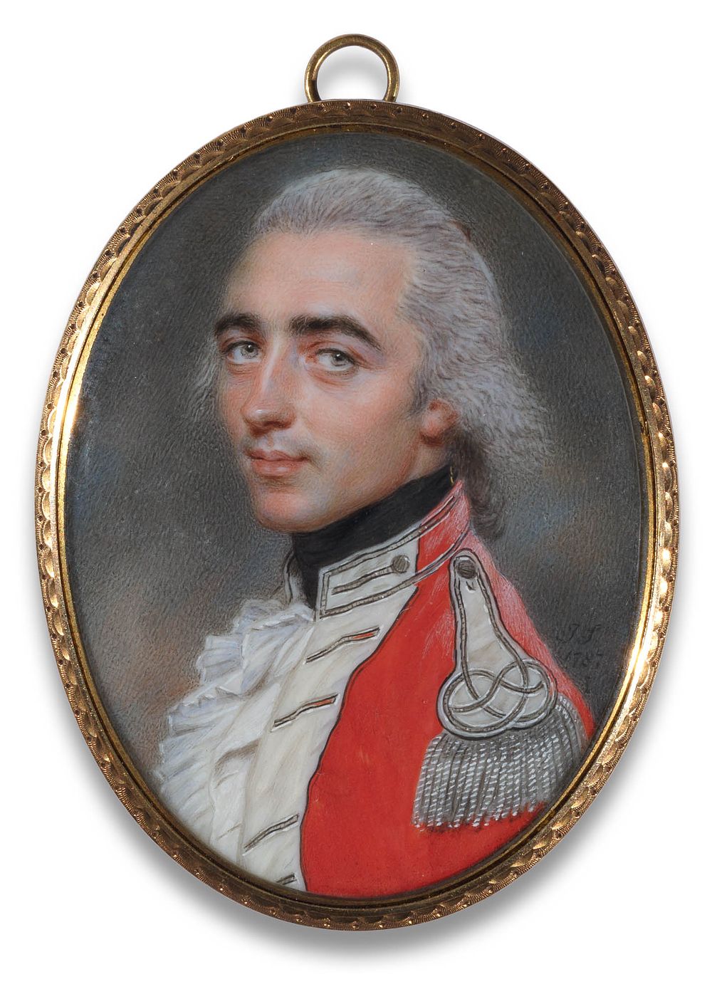 John Smart 1741–1811 
Oval miniature portrait of a young officer in a red uniform, 1787 