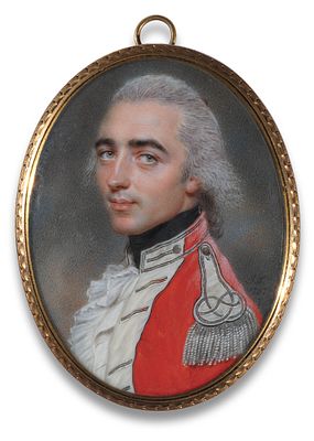 John Smart 1741–1811 Oval miniature portrait of a young officer in a red uniform, 1787 
