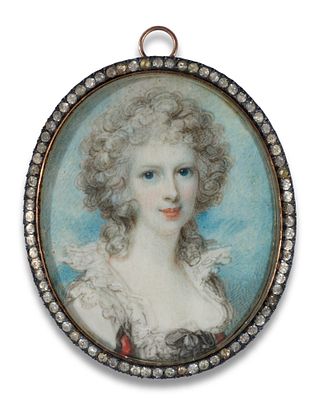 Richard Cosway 1742–1821 Oval miniature portrait of a Miss Parkhurst against a cloud background 