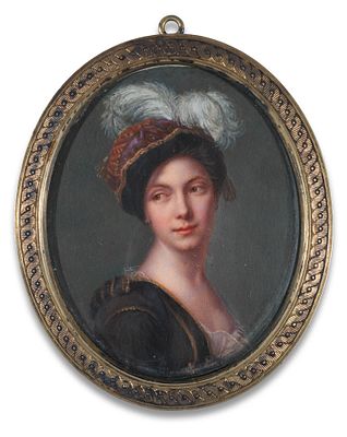 Ferdinando Quaglia 1780–1853 Oval miniature portrait of a young woman with a feather-trimmed 