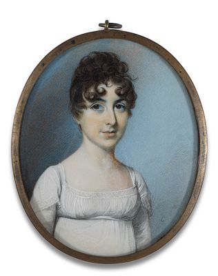 George Engleheart 1750/52–1829 Oval miniature portrait of a young woman in a white dress, 1807 