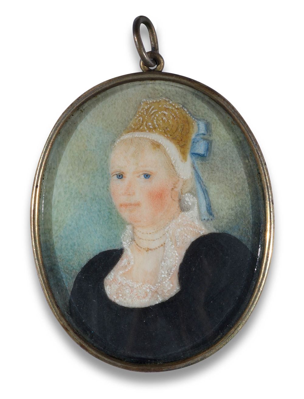 Swiss School, circa 1820 
Oval miniature portrait of a young woman with an embroidered gold 