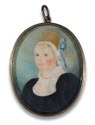 Swiss School, circa 1820 Oval miniature portrait of a young woman with an embroidered gold 