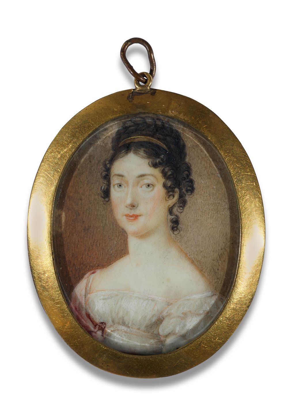 Austria 
Oval miniature portrait of a young woman in a white dress with a red shawl, circa 1815 
