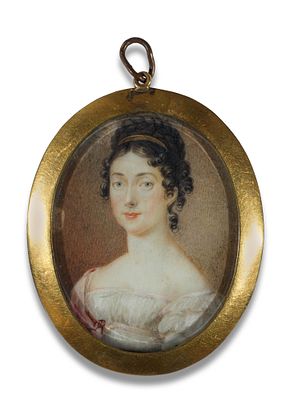 Austria Oval miniature portrait of a young woman in a white dress with a red shawl, circa 1815 