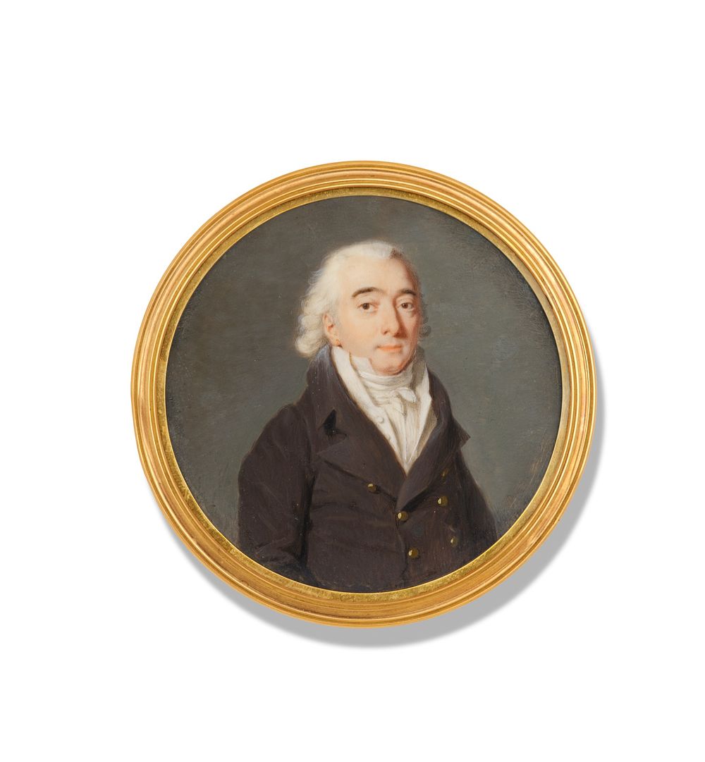 France, circa 1795 
Round miniature portrait of a man in a brown jacket 
Watercolour and gum 