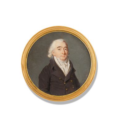 France, circa 1795 Round miniature portrait of a man in a brown jacket Watercolour and gum 
