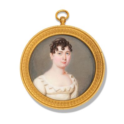 Louise Janin 1781-1842 Round miniature portrait of a young woman in a white dress Watercolour 