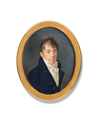 Aim&eacute;e Thibault 1780–1868 Oval miniature portrait of a man in a dark jacket Watercolour and gum 