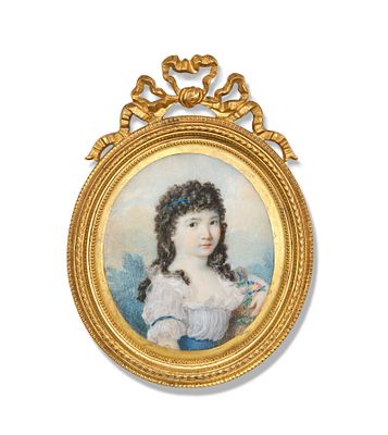 German, circa 1795 Oval miniature portrait of a girl Watercolour and gum arabic on ivory 5.5 x 