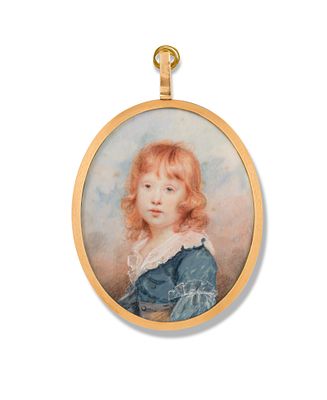 Louis-Ami Arlaud-Jurine 1751–1829 Oval miniature portrait of a child in a blue dress 