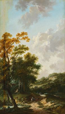 Johann Heinrich W&uuml;est 1741–1821 Ideal landscape with battle scene Oil on canvas on wood 124 x 73 cm