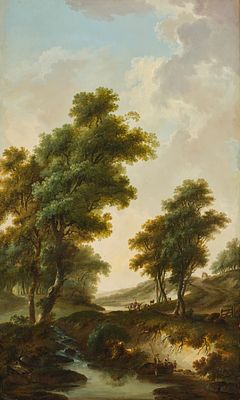 Johann Heinrich W&uuml;est 1741–1821 Ideal landscape with stream and staffage Oil on canvas 124 x 76 cm