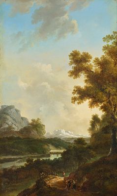 Johann Heinrich W&uuml;est 1741–1821 Ideal landscape with river and staffage Oil on canvas 124.5 x 76 cm