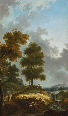 Johann Heinrich W&uuml;est 1741–1821 Ideal landscape with rushing stream, bridge and staffage Oil on 