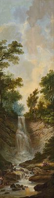 Johann Heinrich W&uuml;est 1741–1821 Ideal landscape with waterfall Oil on canvas on wood 124 x 37 cm