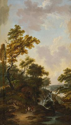 Johann Heinrich W&uuml;est 1741–1821 Ideal landscape with river and staffage Oil on canvas on wood 
