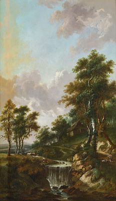 Johann Heinrich W&uuml;est 1741–1821 Ideal Landscape with Drinking Cows Oil on canvas on wood 124 x 73 cm