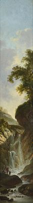 Johann Heinrich W&uuml;est 1741–1821 Ideal Landscape with Waterfall Oil on canvas on wood 124 x 23.6 cm