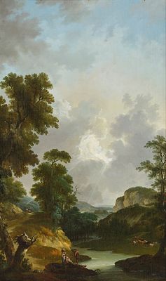 Johann Heinrich W&uuml;est 1741–1821 Ideal Landscape with River and Staffage Oil on canvas 124 x 76 cm