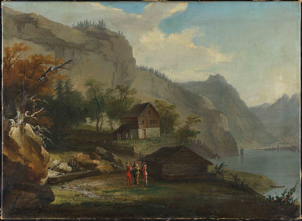 Caspar Wolf 1735–1783/98, Circle of 
The R&uuml;tli Oath with a View of Lake Lucerne, 1777 
Oil 