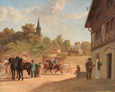 Wolfgang-Adam T&ouml;pffer 1766–1847, attributed to Village view with a couple of turnips, a 