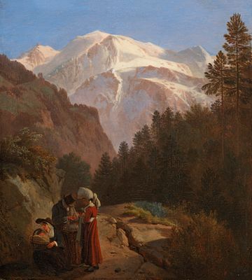 Wolfgang-Adam T&ouml;pffer 1766–1847 Mont Blanc at sunset with four peasants on a path in the 
