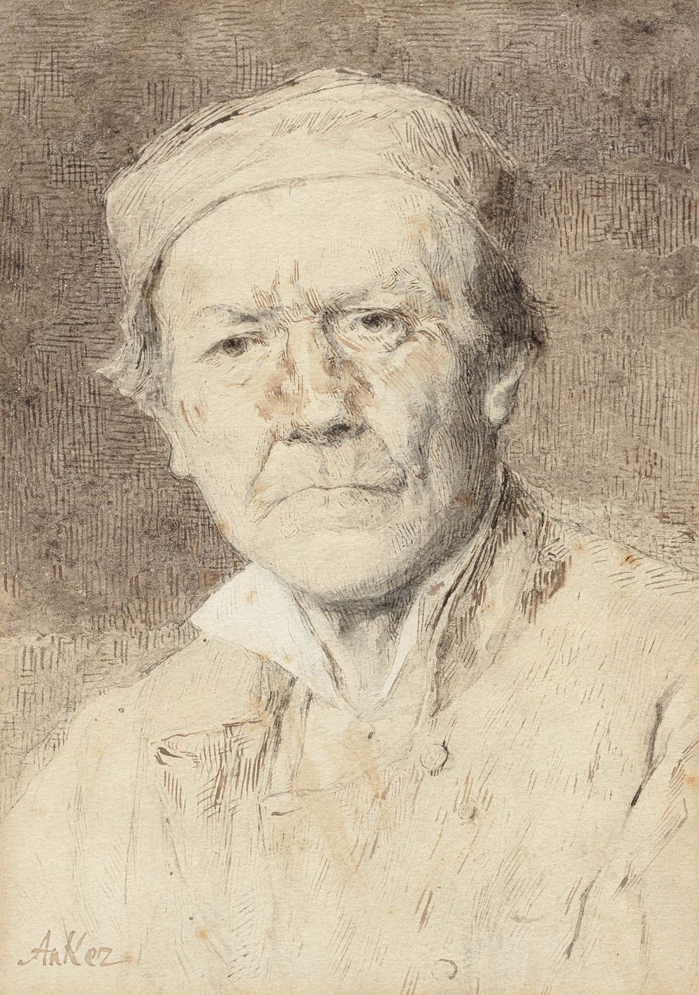 Albert Anker 1831–1910 
Old Bernese Farmer 
Ink pen and brush on paper 
Signed Anker lower left 